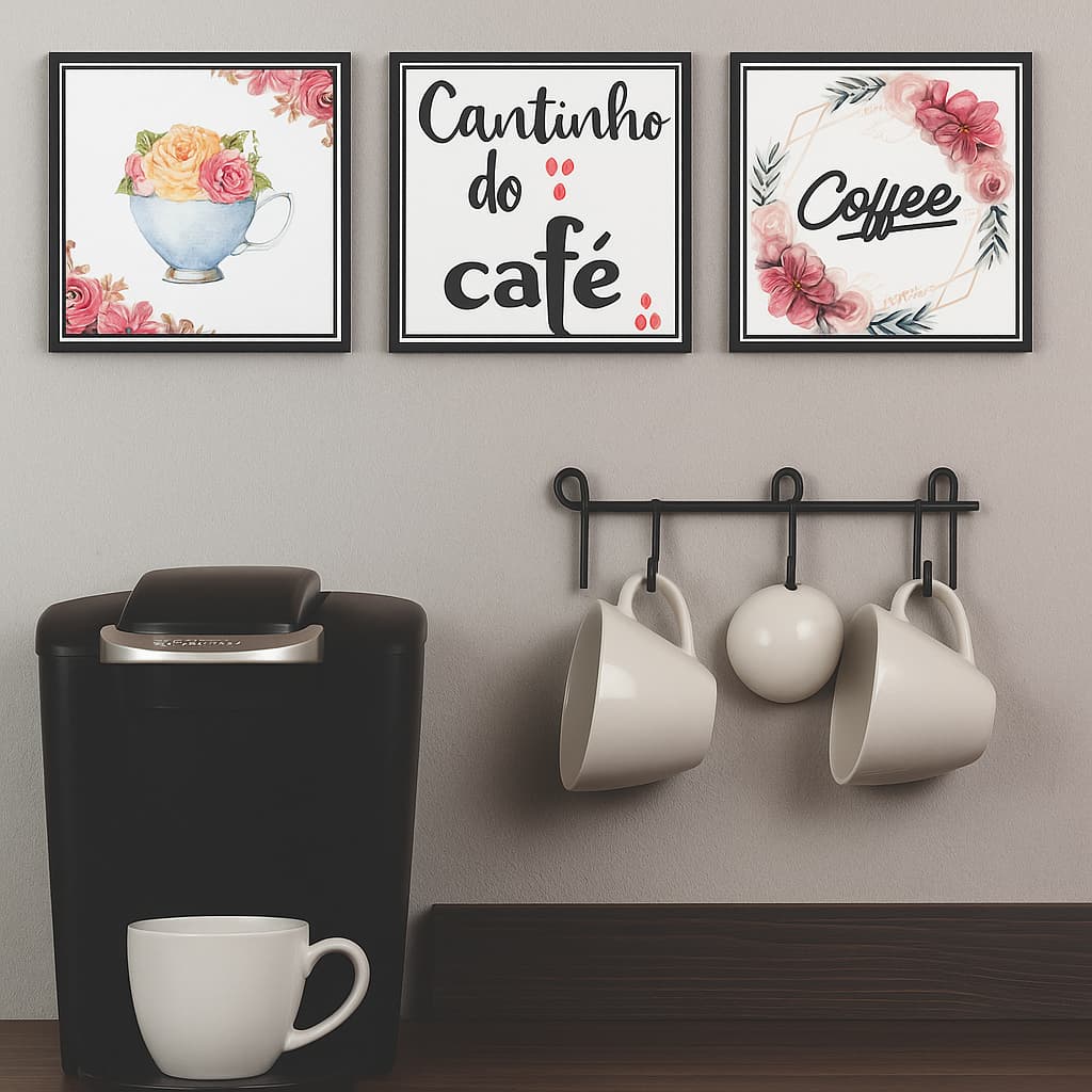 Kit 3 Placas MDF Cantinho do Café Floral  20X20 cm  Decoração Parede Cozinha Charmosa