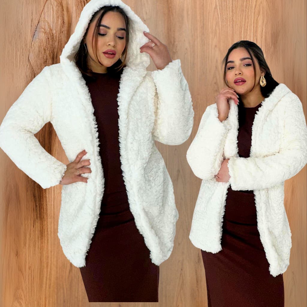 Casaco Teddy Dupla Face Com Capuz Elegante Moda Feminino