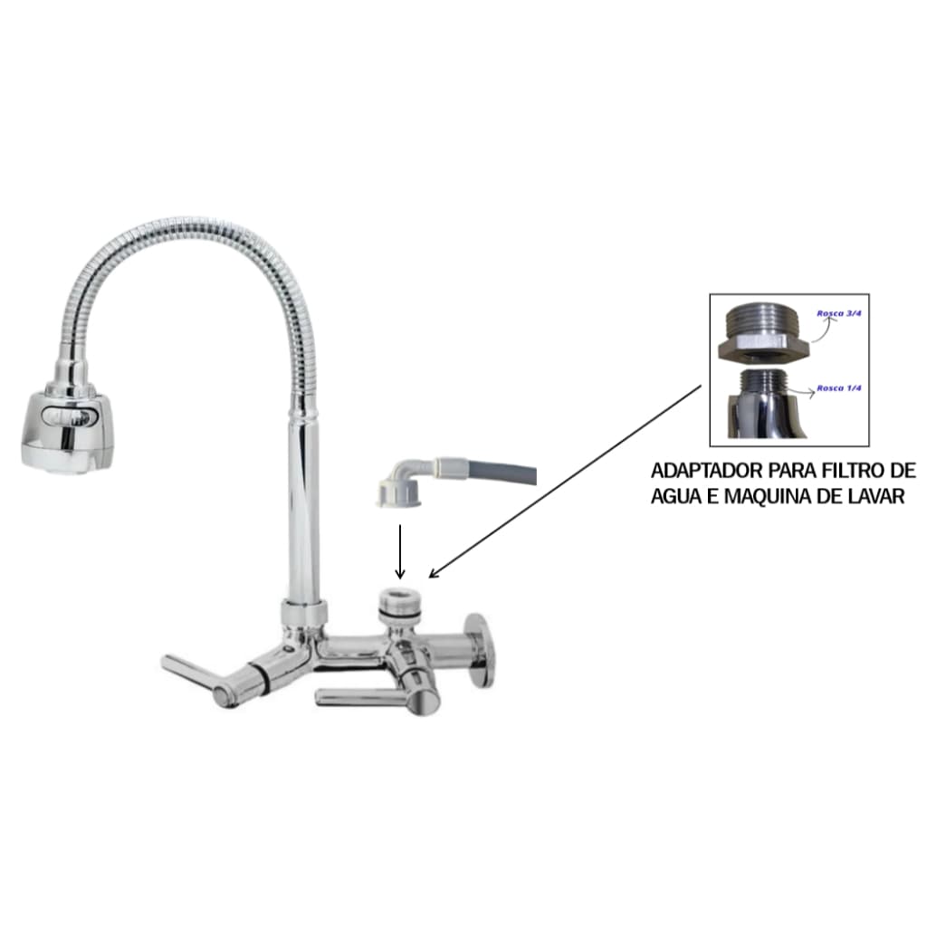 Torneira Com Adaptador De Filtro e Maquina De Lavar Cromada, Torneira Flexivel Gourmet Filtro