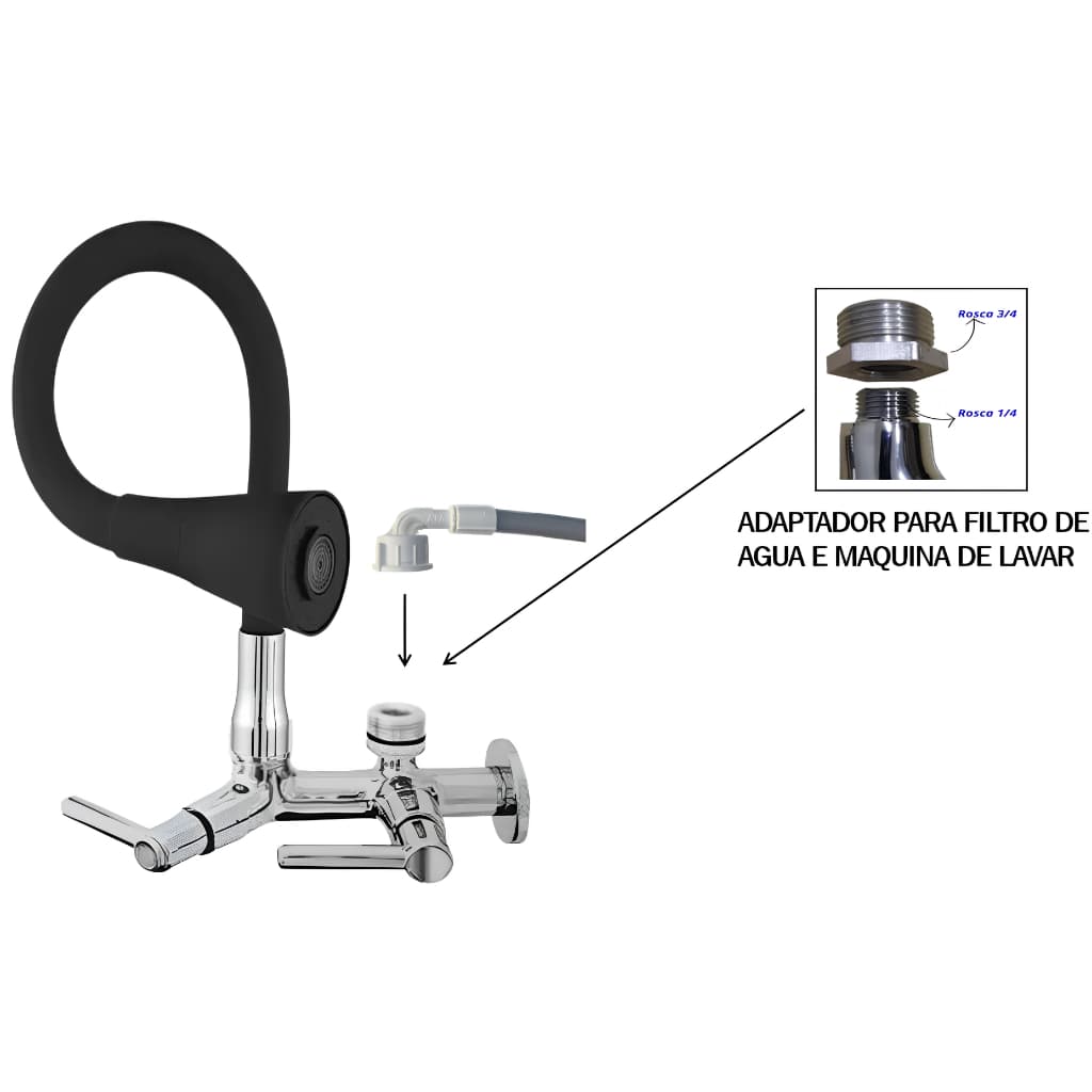 Torneira Com Adaptador Para Filtro De Agua e Maquina De Lavar, Torneira Duplo Jato Cone Flexivel