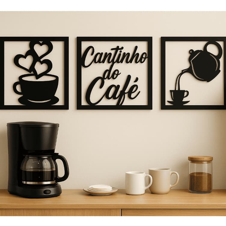 Kit 3 Quadros Cantinho do Café MDF 17X17cm Decoração Parede Cozinha Charmosa Lanchonete Bar Bistrô