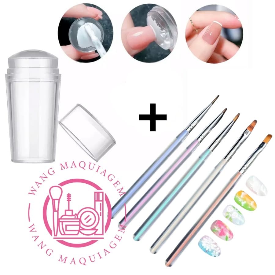 Carimbo de Unha Silicone Transparente + Kit 5 Pincéis Para Decoração de Unhas Nail Art