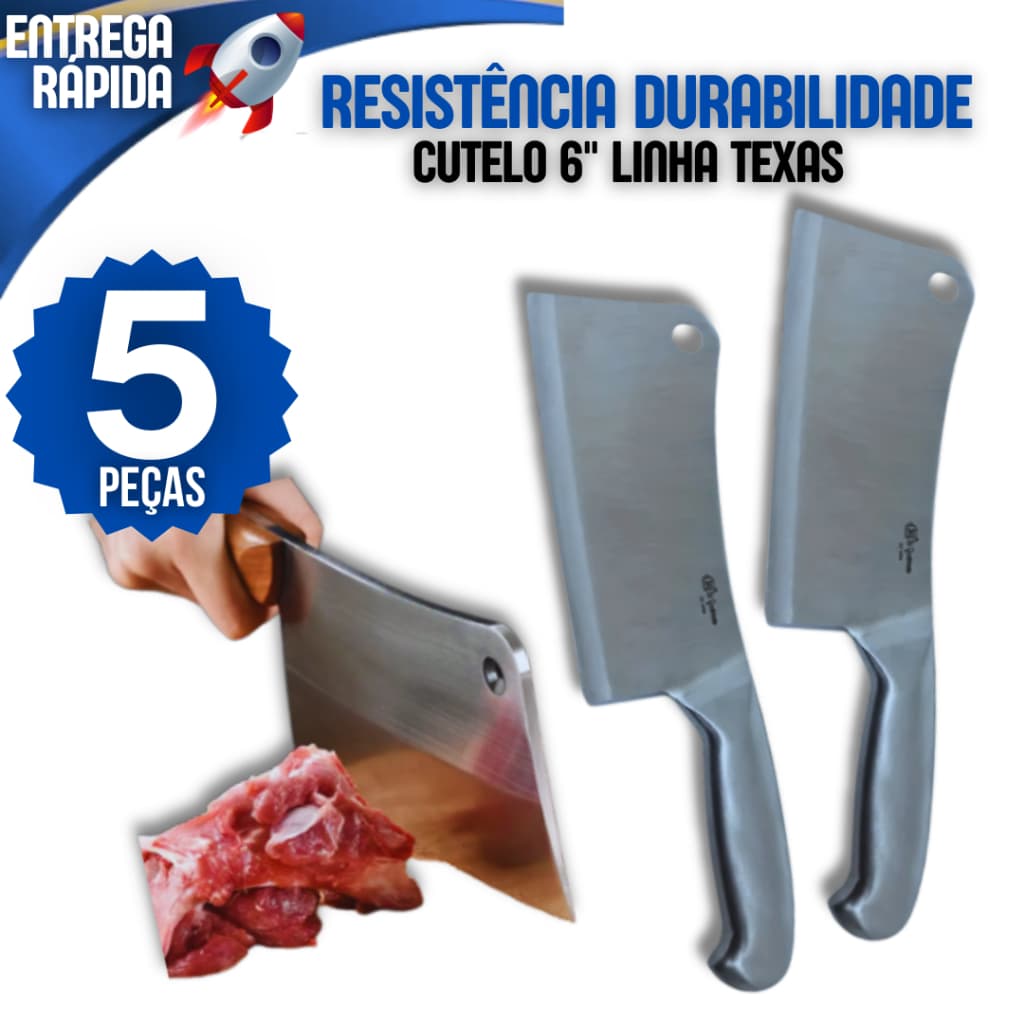 Kit 05 Cutelo 100% Aço Inox Profissional Premium Casa Cozinha Buffet Açougue Restaurante Açougueiro