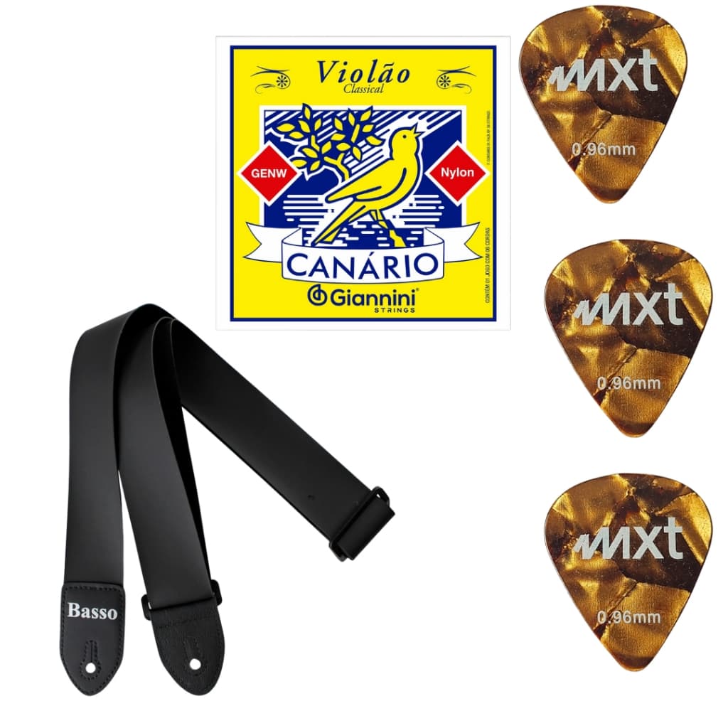Kit 3 Palhetas Encordoamento Violão C/Bolinha Canário Completo Correia Para Violão Preta Basso