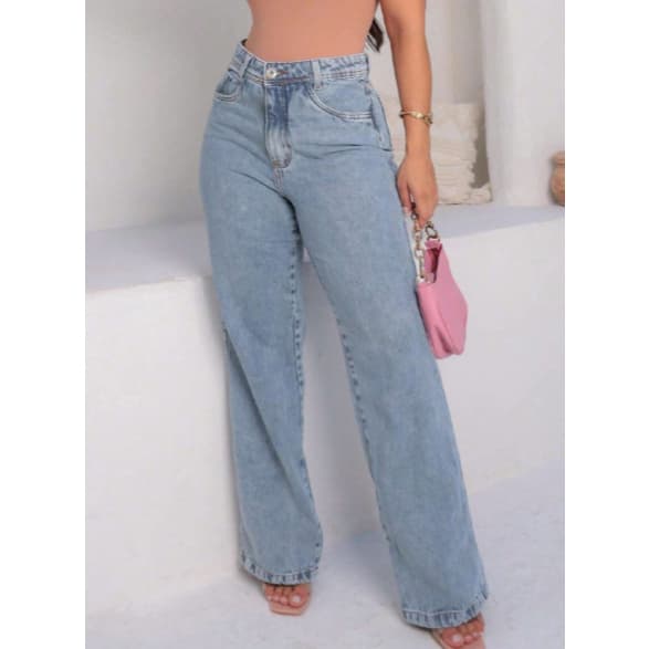 Calça Jeans Wide Leg Feminina Azul Claro Cintura Alta com Caimento Perfeito 100% Jeans
