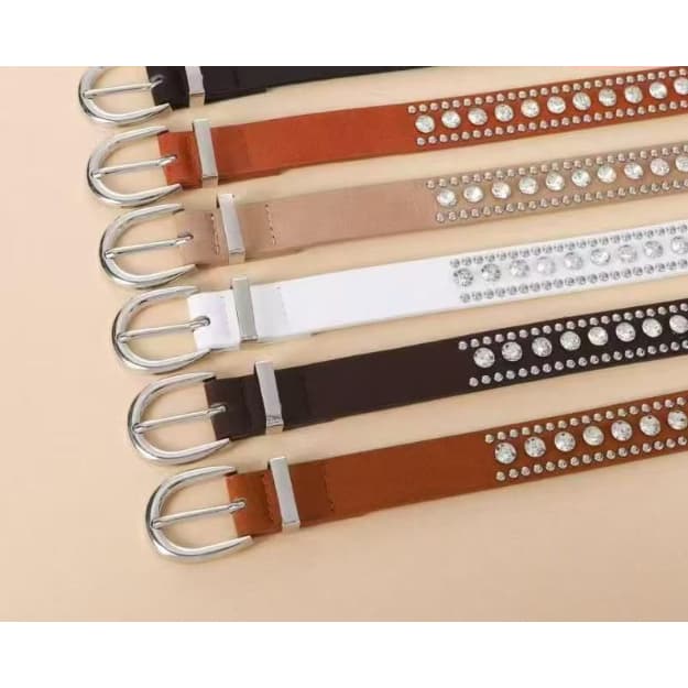 Cinto Em Couro Pu Fivela Oval Simples Prata Moda Feminina Detalhes Em Pedrarias Brilhantes