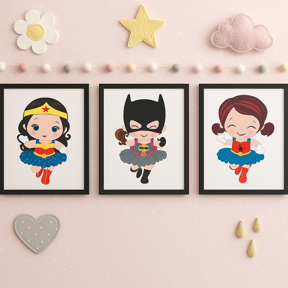 Trio de Quadros Decorativos Infantis 20x20cm  Heróis e Heroínas Decoração Quarto Infantil Unissex