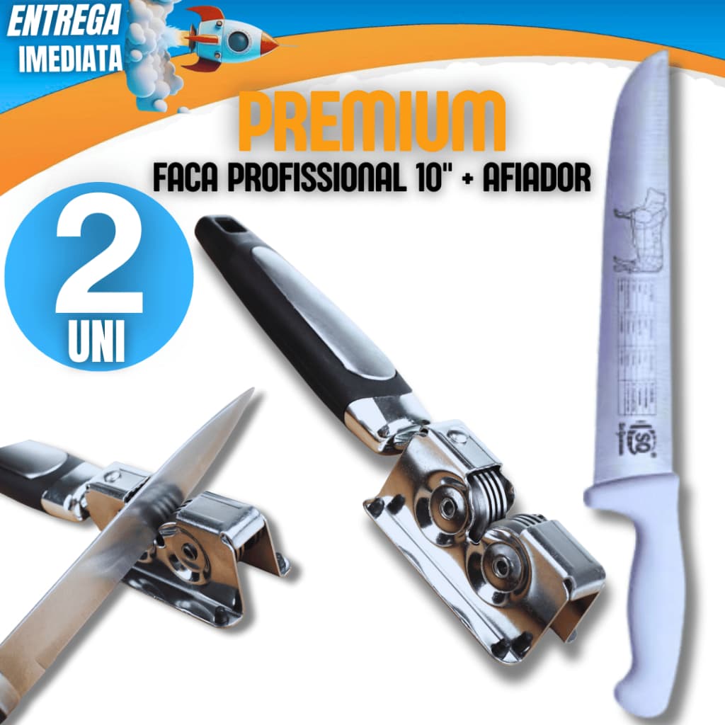 KIT 02 Unidades - 01 Faca 10" Profissional Carne Chef Aço Cabo Branco Churrasco + 1 Amolador Afiador de Facas Variáveis