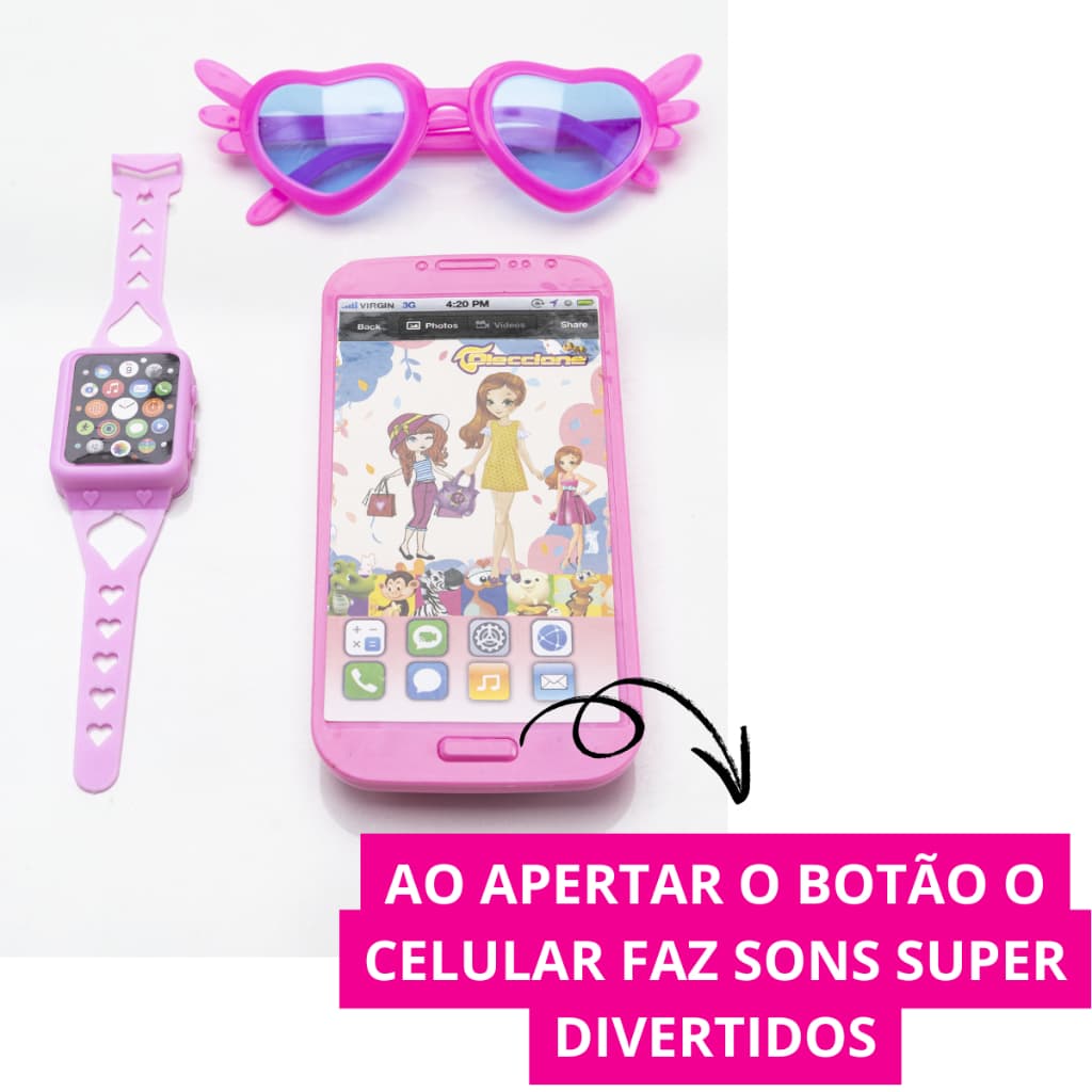 Kit Celular De Brinquedo Com Som e Relogio e Oculos Criança Brincar Presente