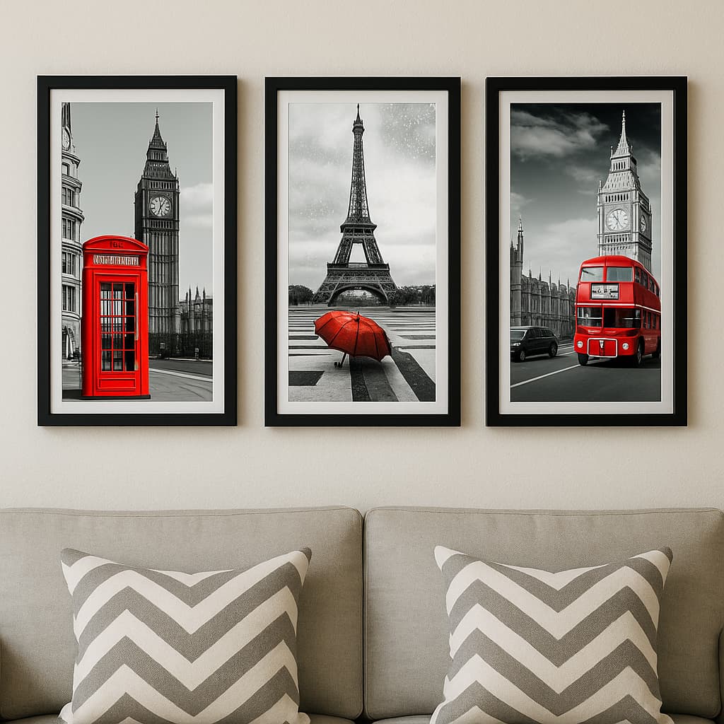 Kit 3 Quadros Decorativos Vintage Europa Torre Eiffel Londres Cabine Vermelha 30x15cm PS