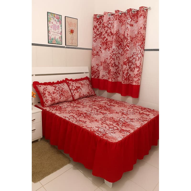 kit casal colcha com cortina floral de oxford