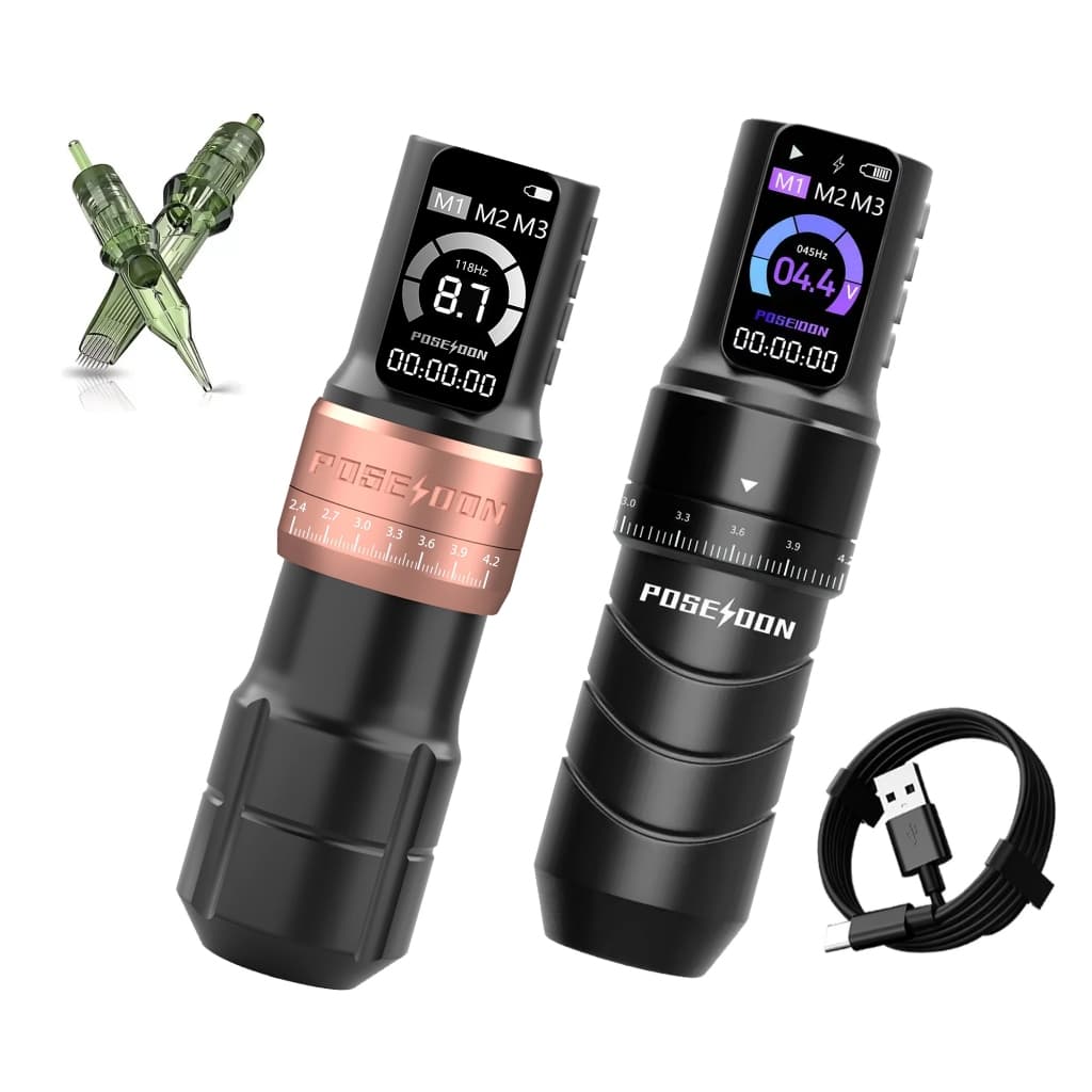 Maquina Pen Tattoo Poseidon  Fury Set Curso Ajustável e Bateria Integrada