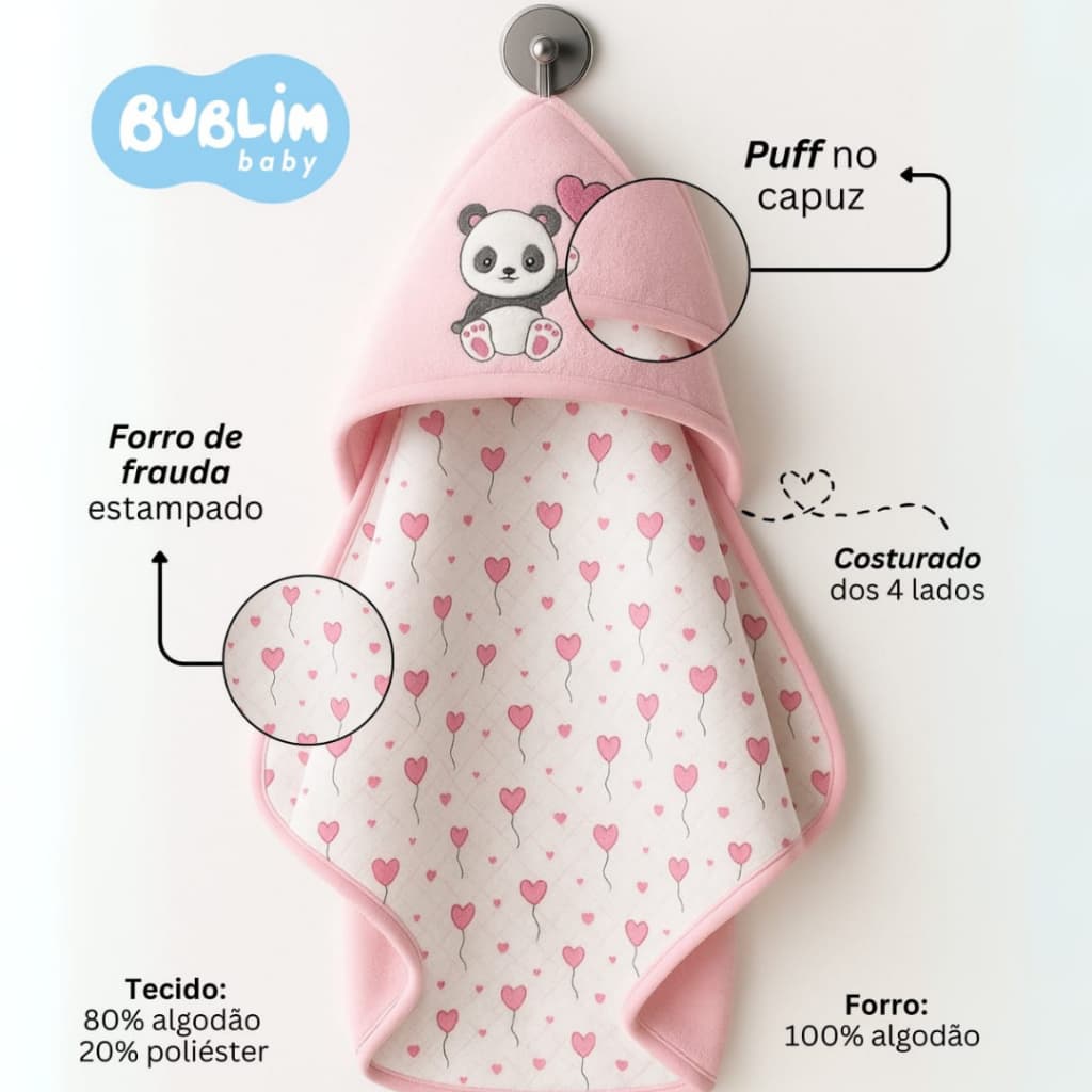 Toalha de banho bebe plush felpuda macia marca Bublim com forro de fralda e capuz enxoval de bebê