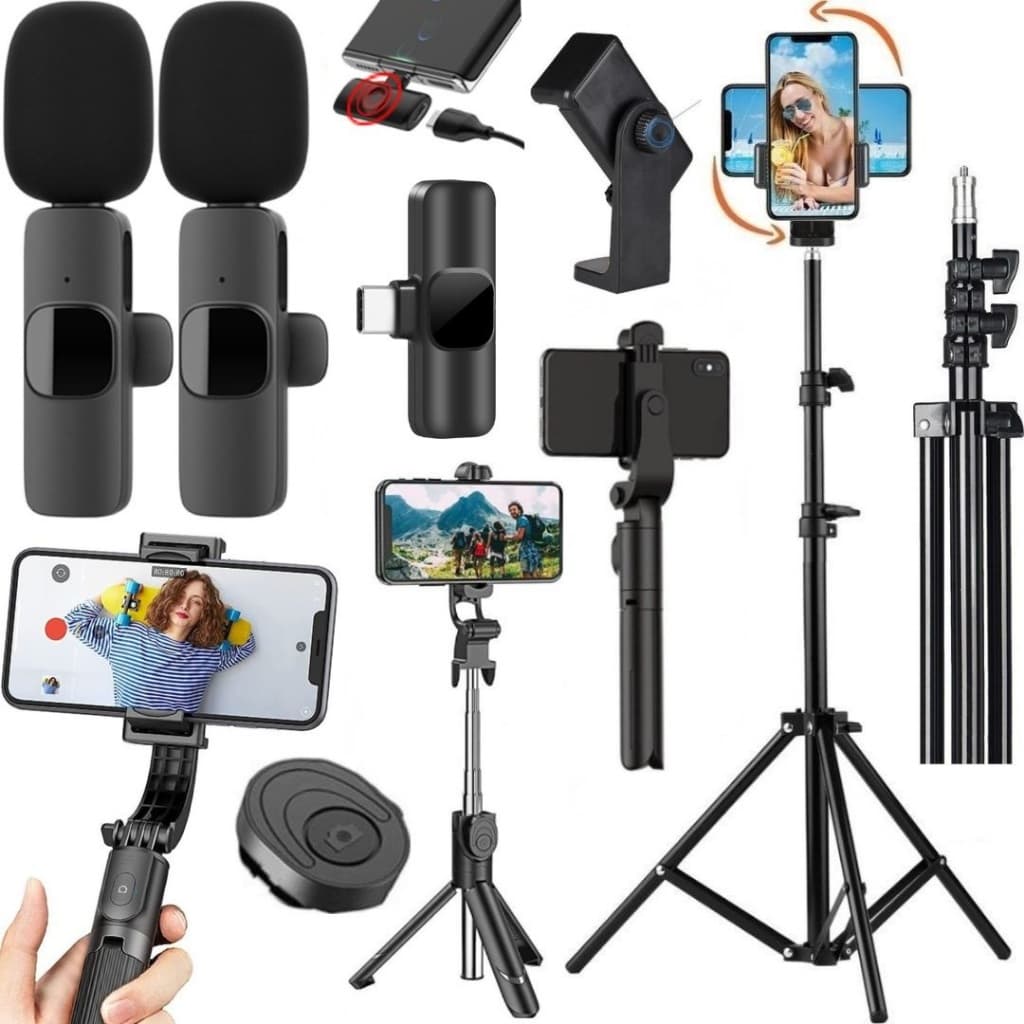 Tripé Pedestal 2m Suporte Vertical Celular Bastão Controle Microfone Duplo Sem Fio Gravação