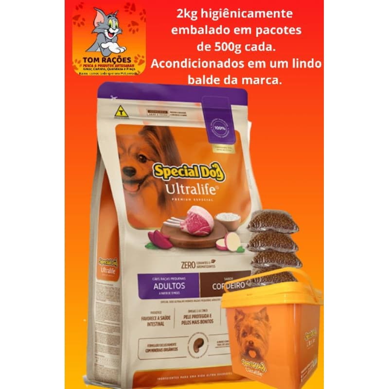Balde com 2kg granel, SPECIAL DOG ULTRALIFE CORDEIRO com Batata Doce, Raças Pequenas, ração para cachorro adulto.