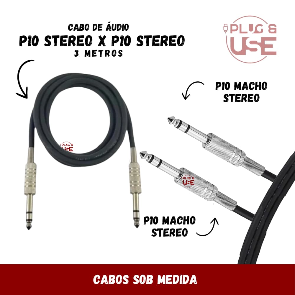 Cabo P10 Stereo X P10 Stereo 3 Metros - Balanceado - Niquel