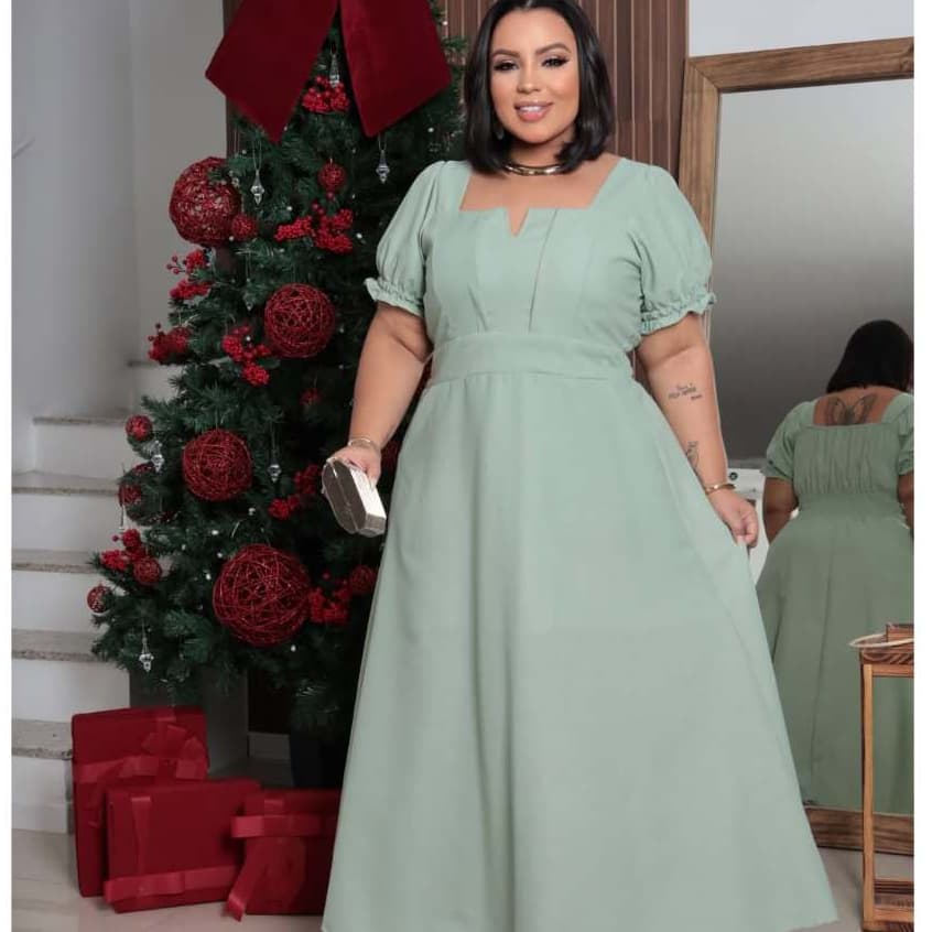 Vestido Longo Femenino Tecido linho Decote Quadrado Manga Bufante com Bolso no Lateral Perfeito para Festas e Eventos