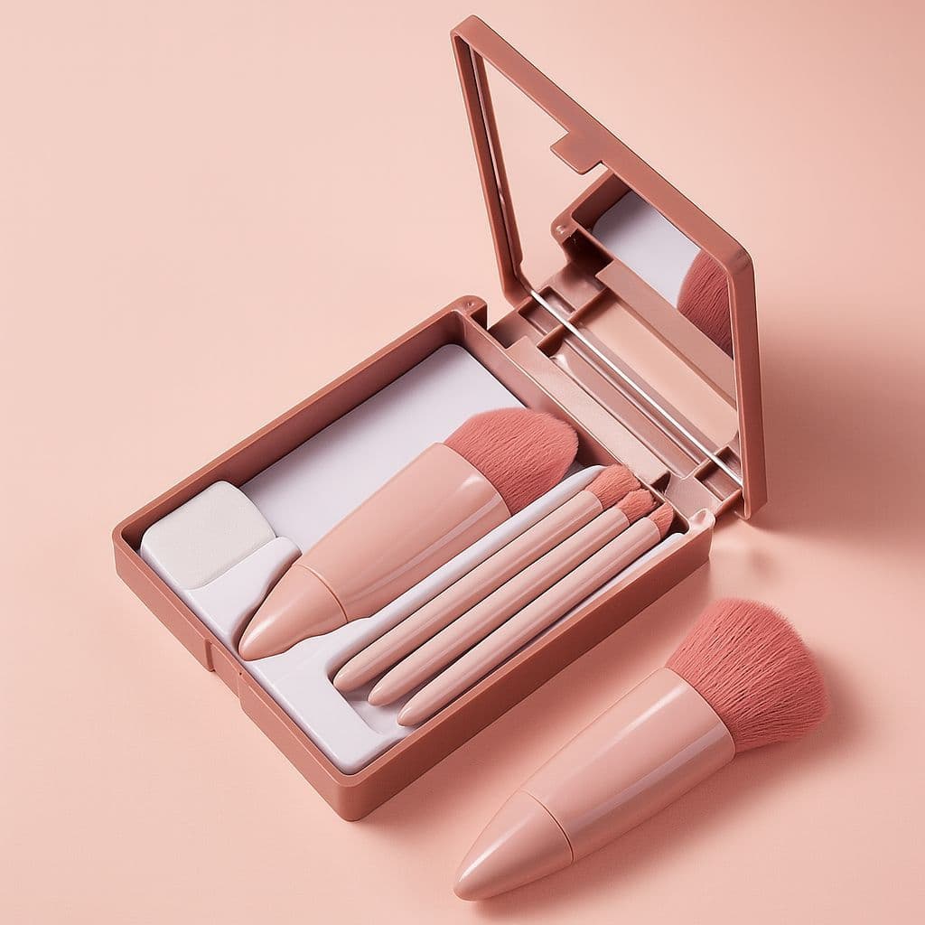 Kit de Pincéis de Maquiagem 5 Peças com Estojo e Espelho Integrado - Maquiagem, Acessorios, Utensilios de Beleza, Makeup