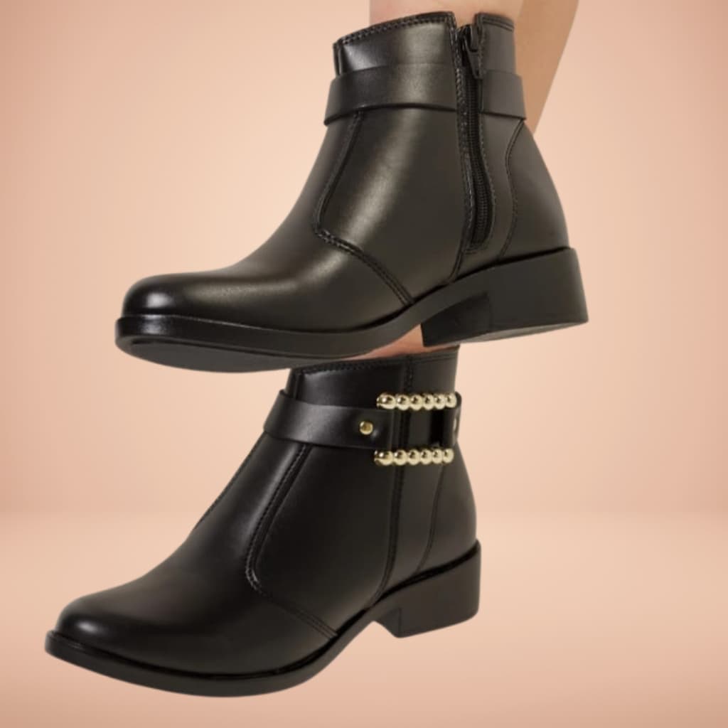 Bota Feminina Cano Curto Zíper Lateral Conforto Detalhe Metal Dourado Salto Baixo Botinha