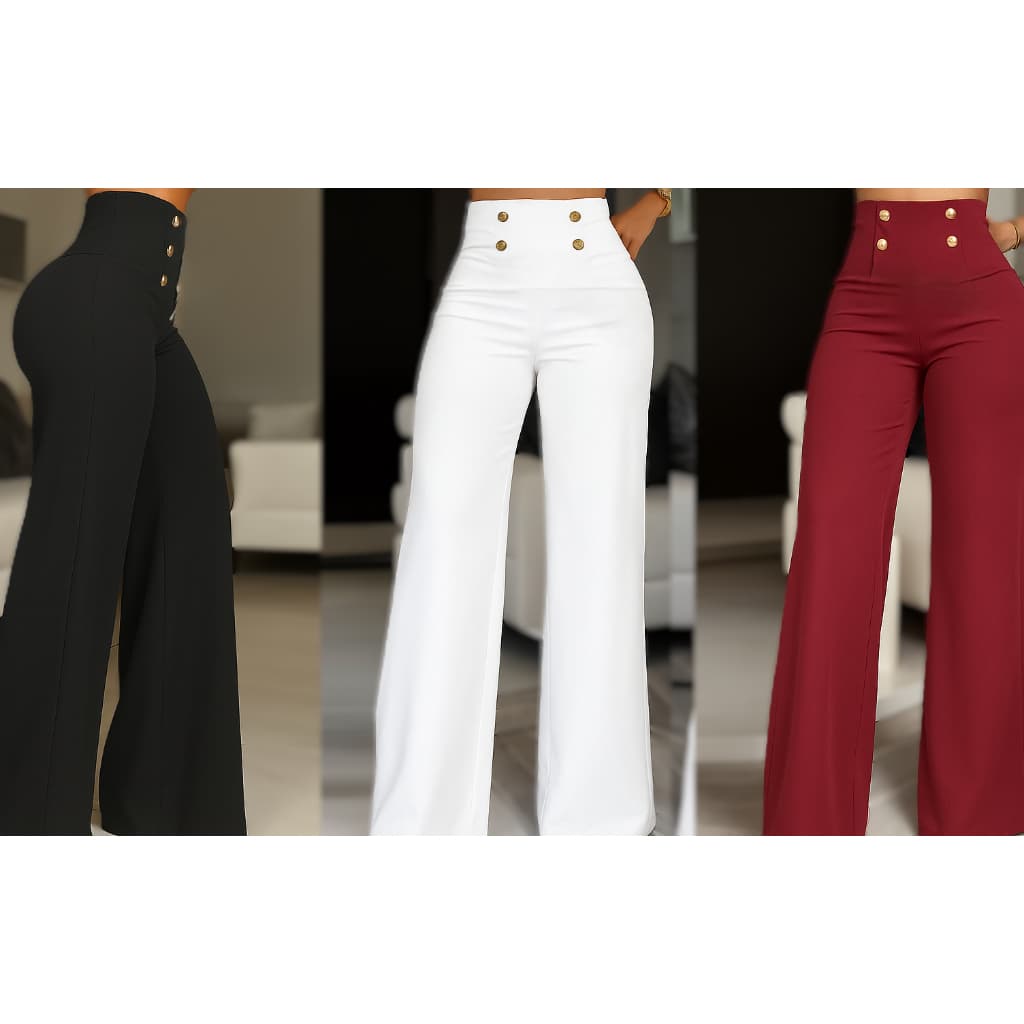 Calça Pantalona Promoção mais Vendida Cintura Alta Plus Boca de Sino Larga Botões Lycra Tecido Grosso Disfarça Celulite