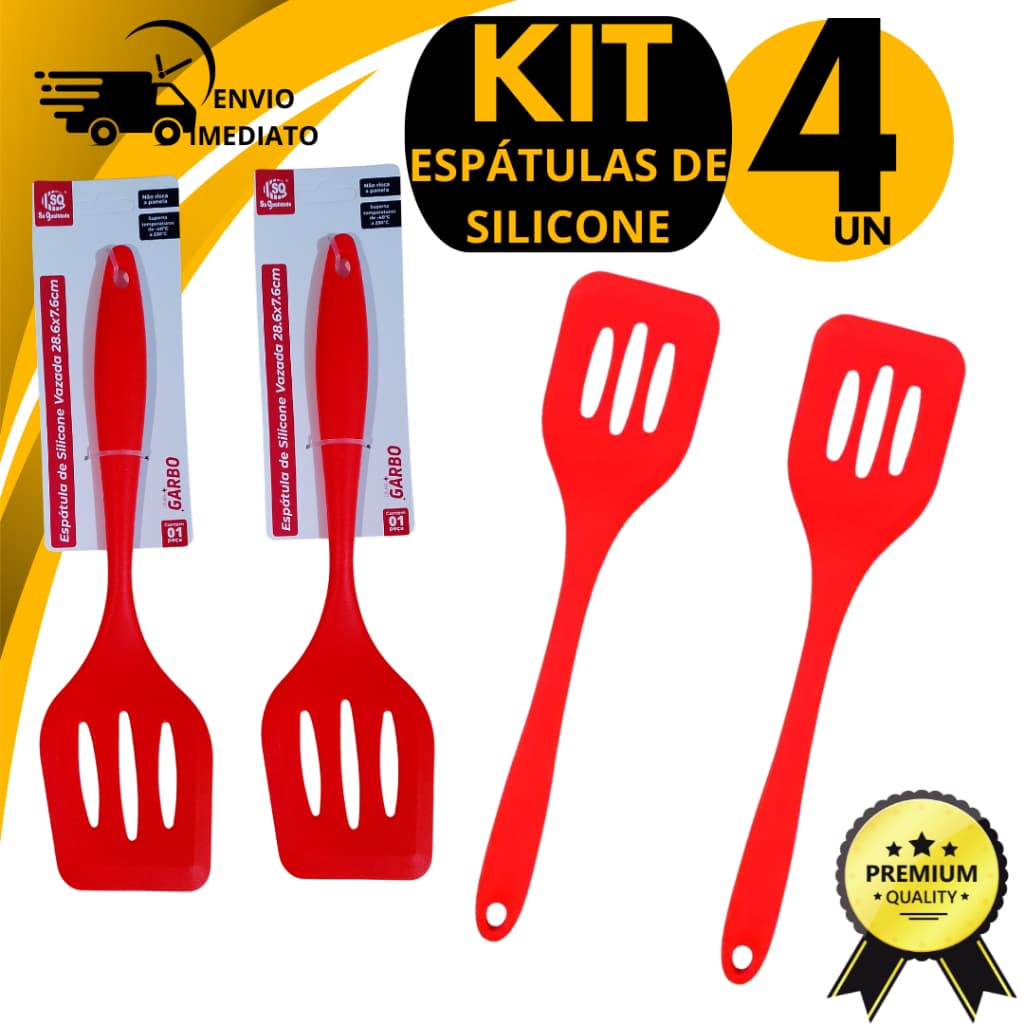 Jogo de Espátulas Vazada Espatula Vazada Espátula Silicone Kit 4 Utensílios Vermelho Chapeiro