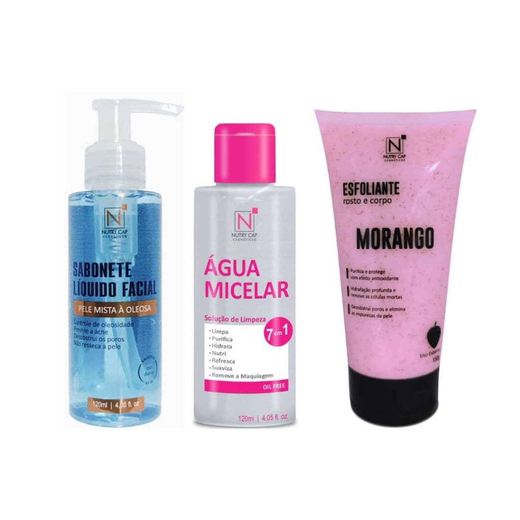 Kit Skincare Nutry Cap 3 em 1 – Sabonete Facial + Água Micelar + Esfoliante de Morango