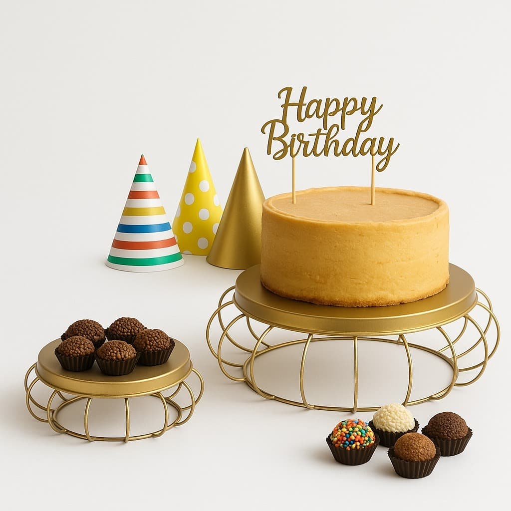 Kit Boleira e Doceira de Ferro Dourado – 30cm e 20cm para Festas e Decoração Elegante