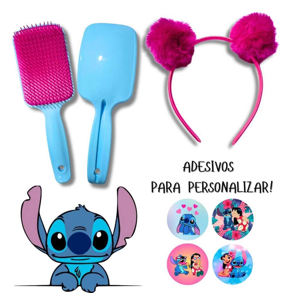 Kit Stitch Tiara e Escova com adesivos para personalizar infantil férias penteados tik tok
