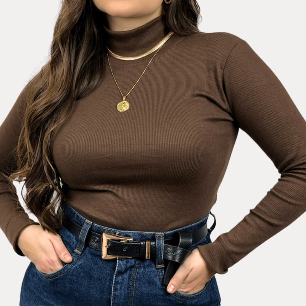 Blusas Femininas Manga Longa Canelada Gola Alta  Justa | Roupa Casual Inverno Moda Feminina