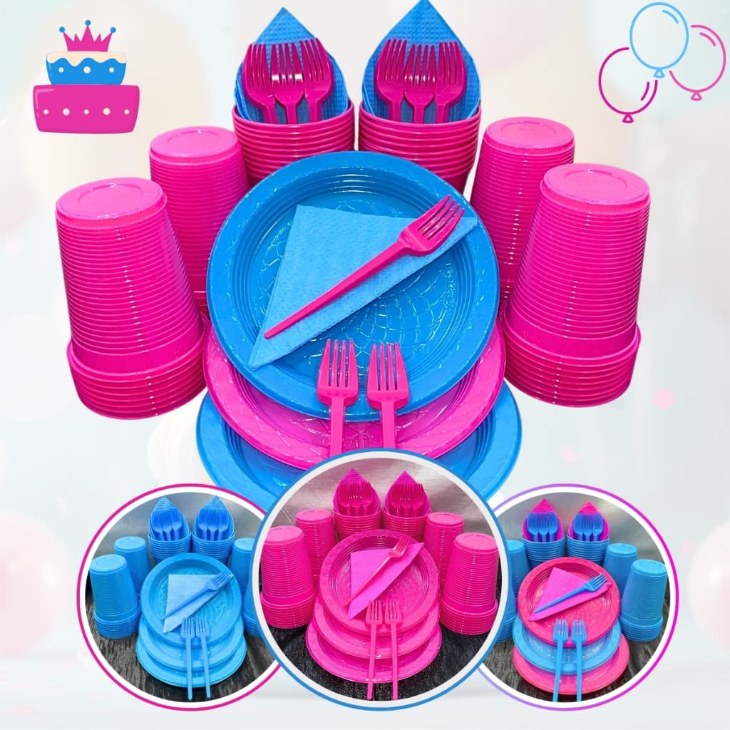 Kit Chá Revelação 200 Itens Festa Aniversario Descartavel Pratos Copos Garfinho Pratinhos Redondo Infantil Azul Rosa