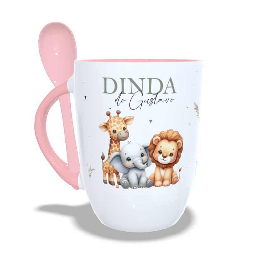 caneca com colher para padrinhos/madrinha de batismo safari
