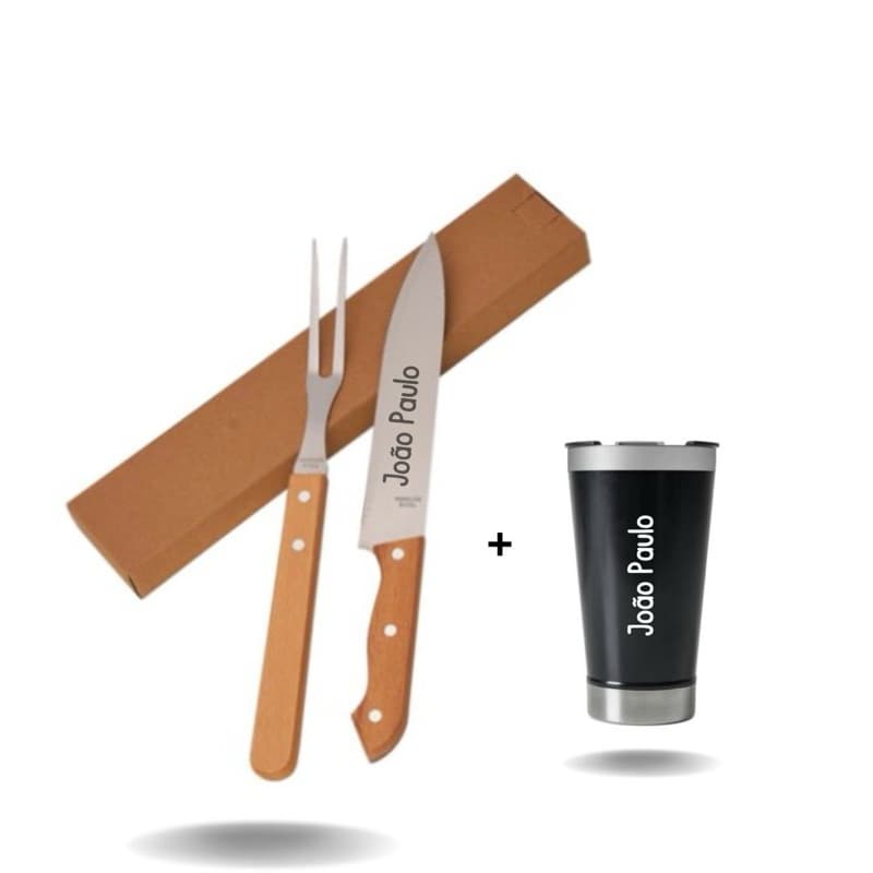 Kit Churrasco Personalizado com Faca e Garfo Abridor Brinde Copo Termico — Presente Dia dos Pais