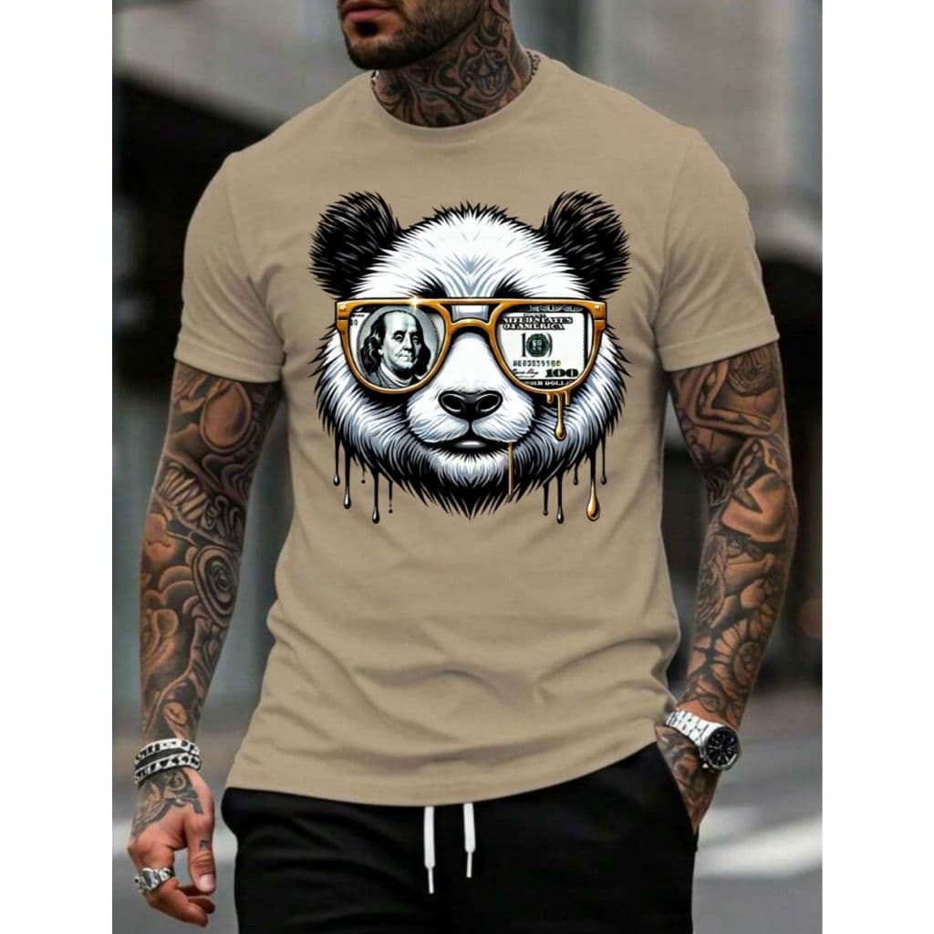 Camiseta T-Shirt Masculina Manga Curta Estampada Panda Estiloso Confortável Algodão 30.1
