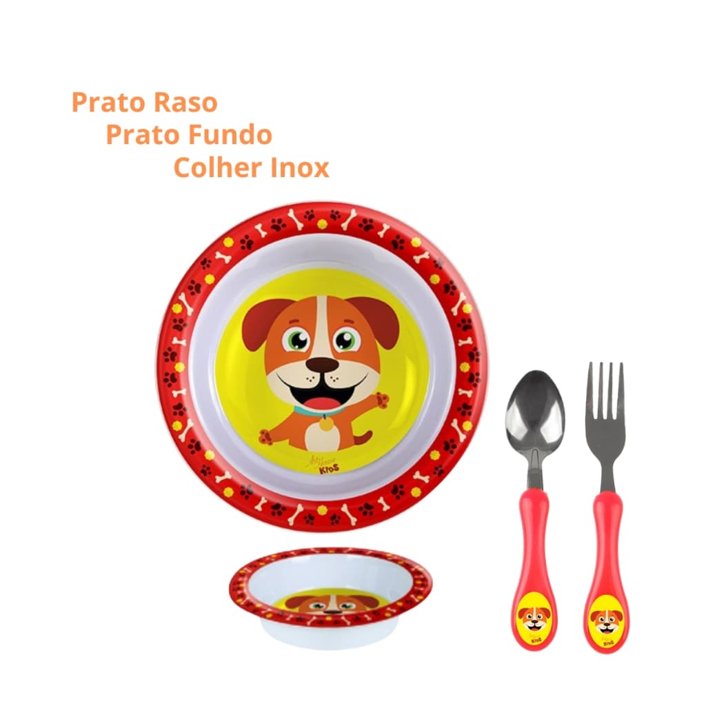 Talher Infantil Inox Luxo+Pratinho Raso 22cm+Fundo 16cm+Talheres inox Kit 4pç Hora da refeição