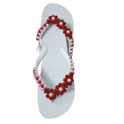 Chinelo bordado de pérolas ABS branc com 3 flores vermelha