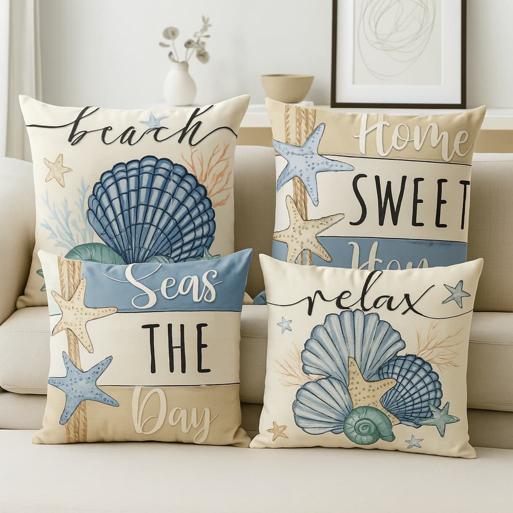 Kit Com 4 Capas De Almofadas 45x45 Praia Beach Conchas Azul Home Sweet Home