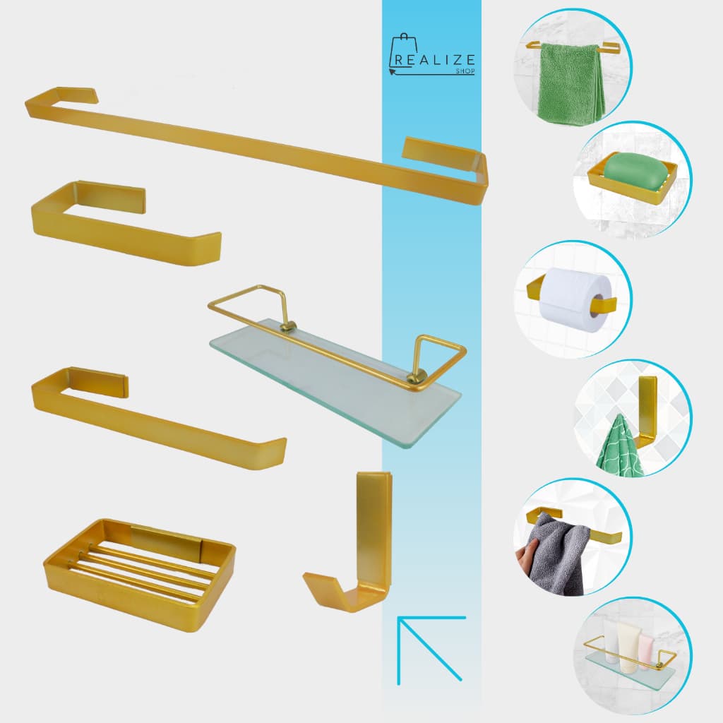 KIT BANHEIRO QUADRADO LUXO DOURADO 6 PEÇAS +PORTA SHAMPOO RETO LUXO . Cód.7275