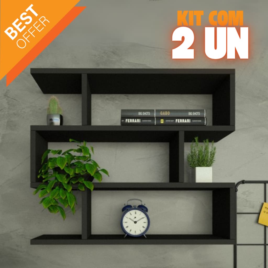 Kit 2 Nichos ZIG 15cm Preto MDF TX – Parede Decorativa p/ Sala Quarto Escritório – Envio Imediato