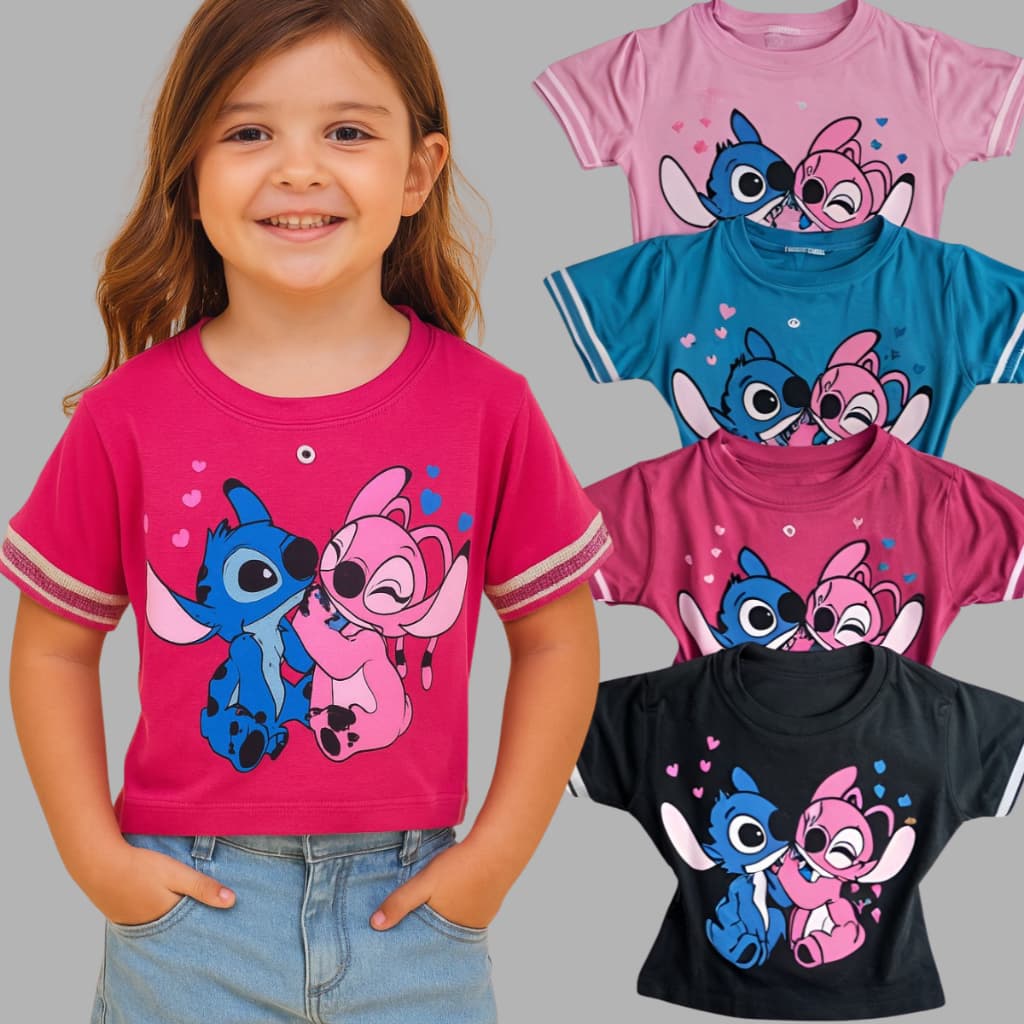 Cropped Blusinha Infantil Juvenil Menina Stitch E Angel 6 Ao 16 Anos