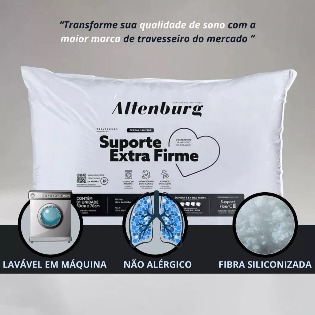 Travesseiro Altenburg Suporte Extra Firme 50x70cm | Percal 180 Fios | Lavável | Antialérgico