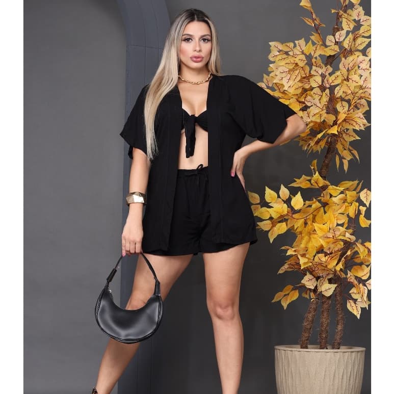 conjunto trijunto kit 3 peças kimono cropped biquini com bojo short soltinho viscose moda praia feminina