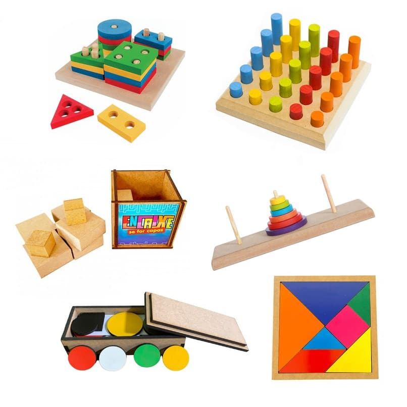 Kit 6x Brinquedos Educativos Em Madeira e E.V.A  Infantil Escolar Montessori Brincar Autismo