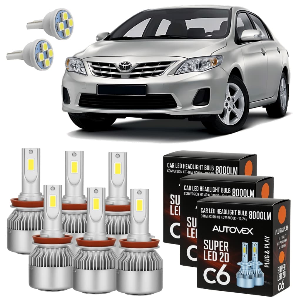 Lâmpadas Super Led C6 Toyota Corolla 2008 a 2014 Farol Alto Baixo Milha + Pingo T10 - Lâmpadas de Led