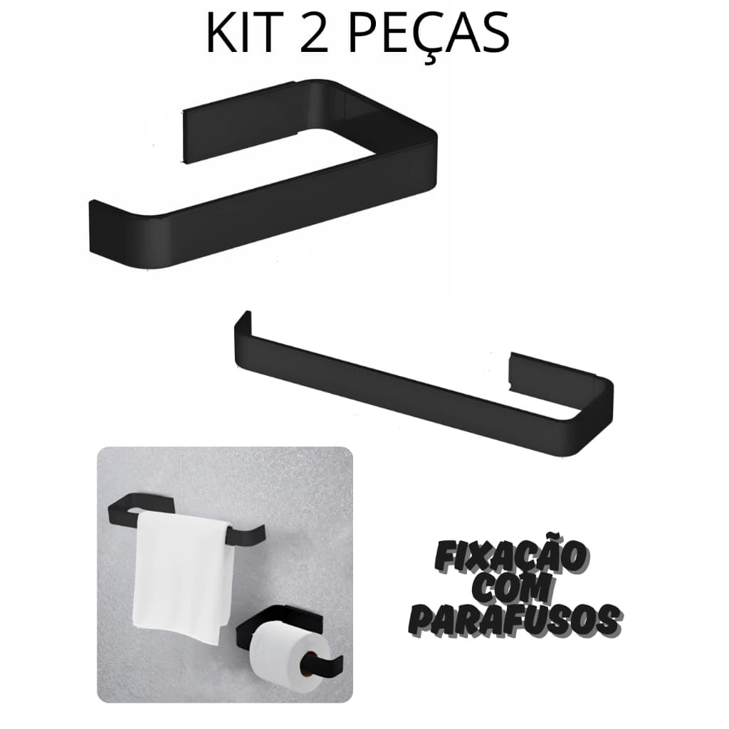 Kit 2 peças Aluminio para Banheiro Preto Black Lavabo Porta Toalha de Rosto Papeliera