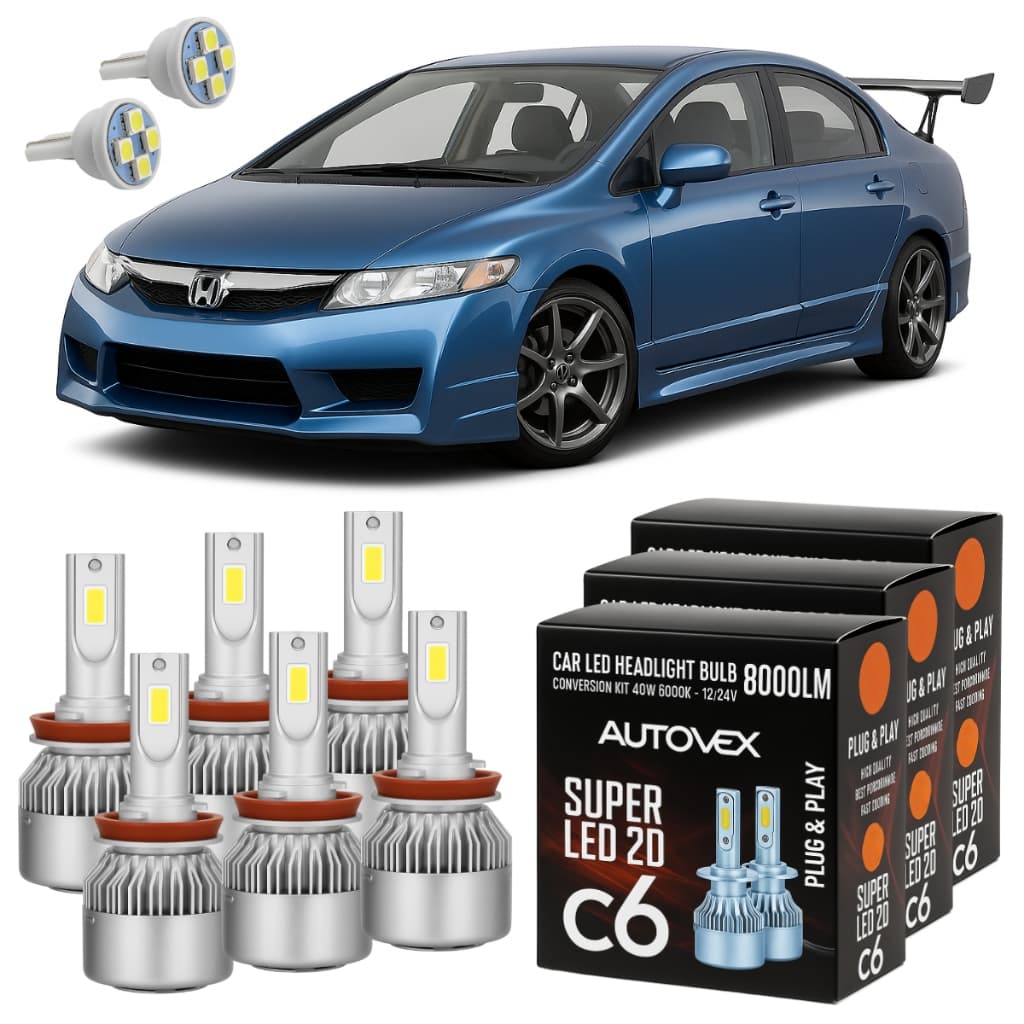 Kit Lâmpadas Super Led C6 Honda Civic G8 2007 A 2011 Farol Alto Baixo Milha + T10 Led - Lâmpadas de Led
