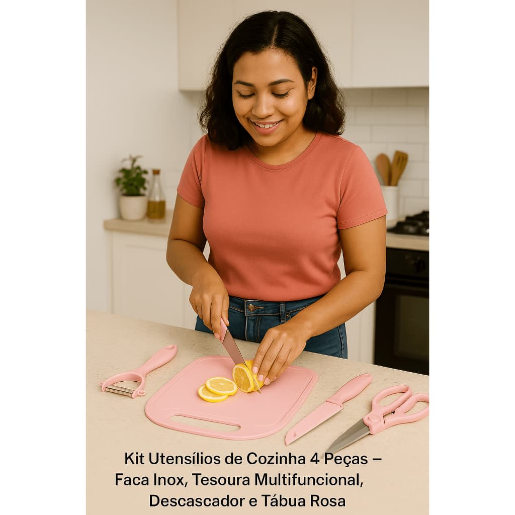 Kit Utensílios de Cozinha 4 Peças Faca Inox, Tesoura Multifuncional, Descascador e Tábua Rosa