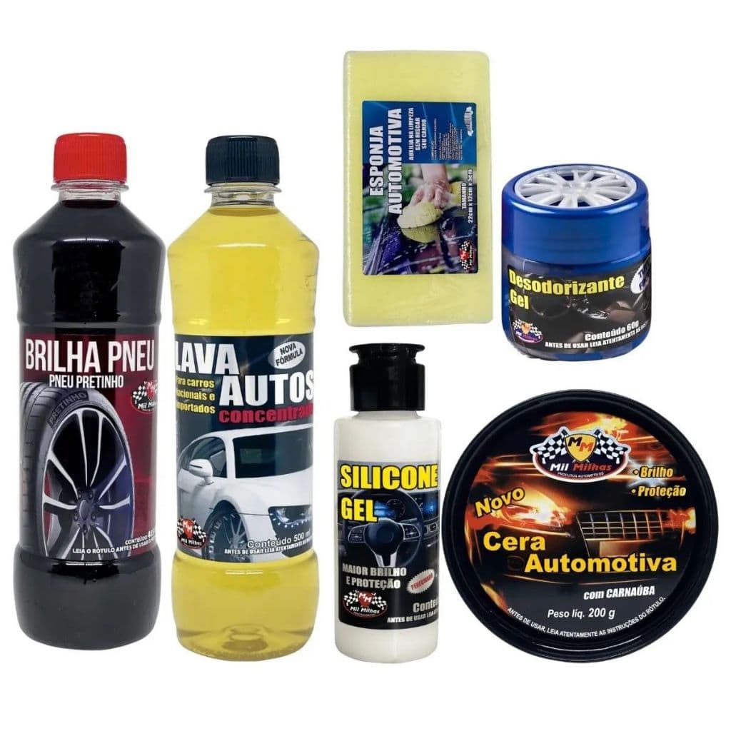 KIT LAVA AUTO COM CERA 5 EM 1 COM LAVA AUTOS / PRETINHO / SILICONE / DESODORIZANTE + ESPONJA
