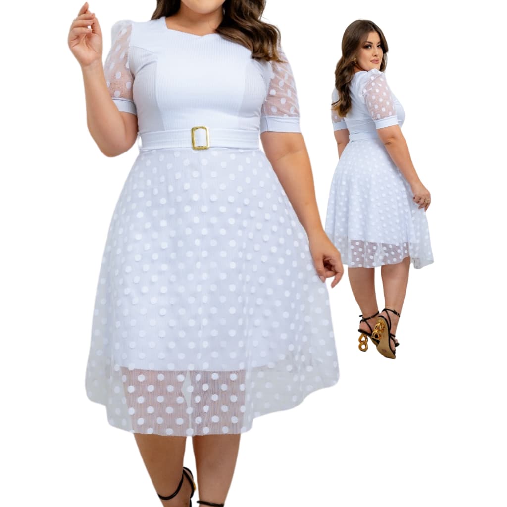 Vestido Evangelico Mídi Rodado tule Poa e Canelado com Cinto Manga Princesa Moda Cristã Femenina