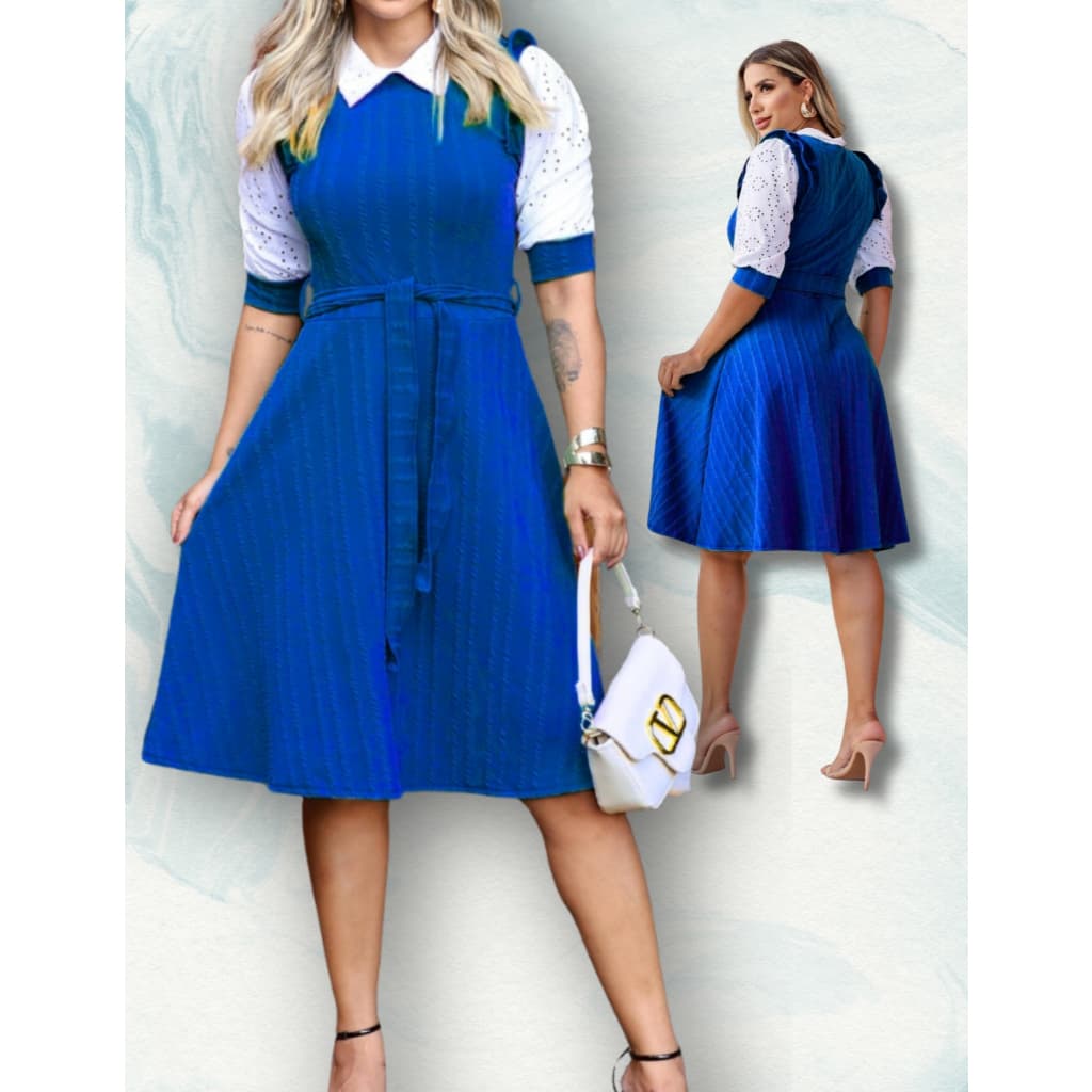 Vestido Femenino Midí Ribanna Rodado Gola Flat Manga Princesa Lassie 3/4 Laço na Cintura Moda Cristã