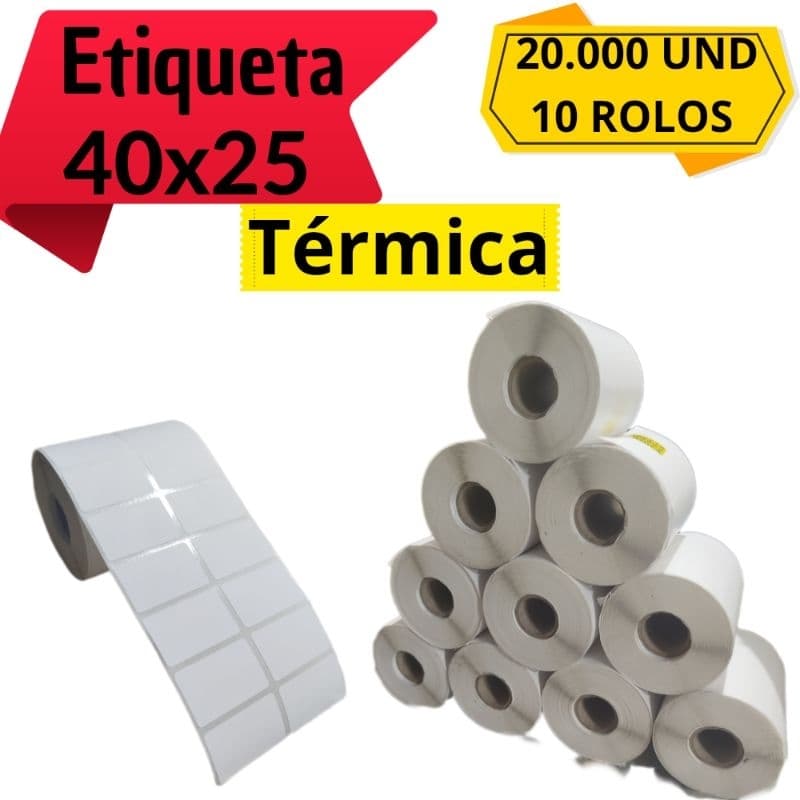 KIT 10 ROLOS etiqueta adesiva térmica 40x25-ideal para código de barras, preço e mais